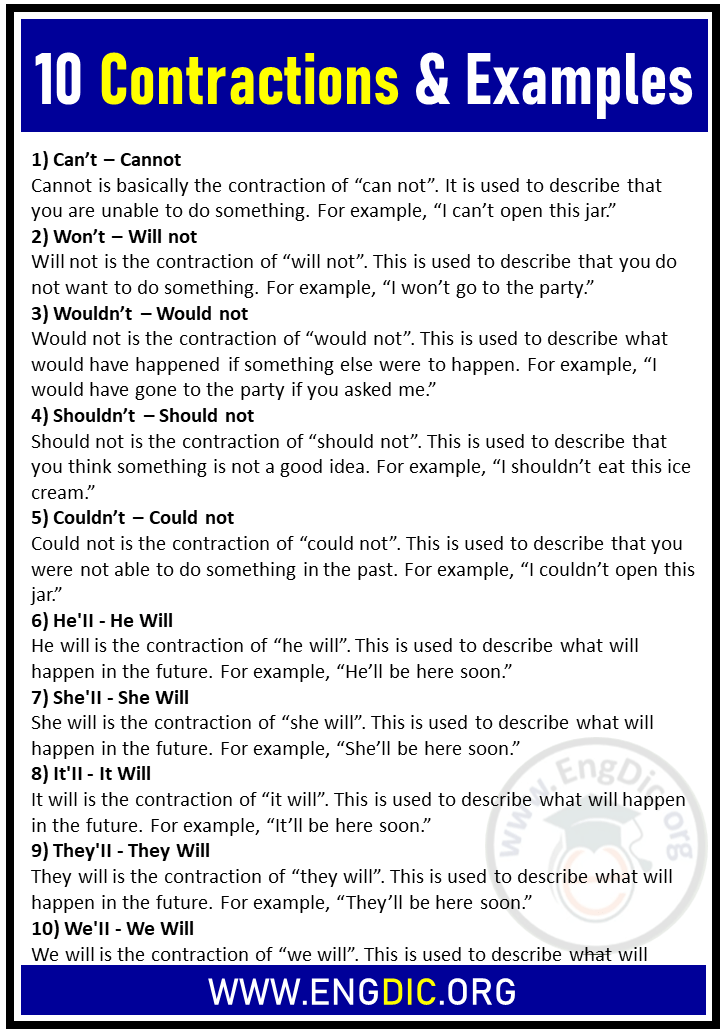 10 Contractions Words Common Contraction Examples EngDic