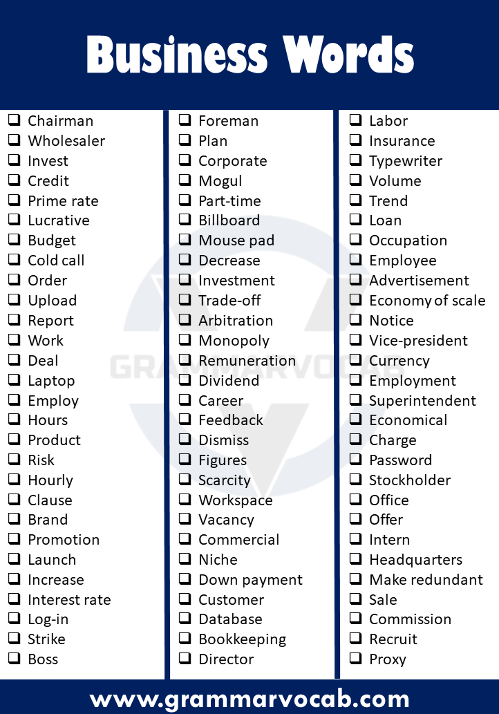 100 List Of Business Vocabulary Words GrammarVocab