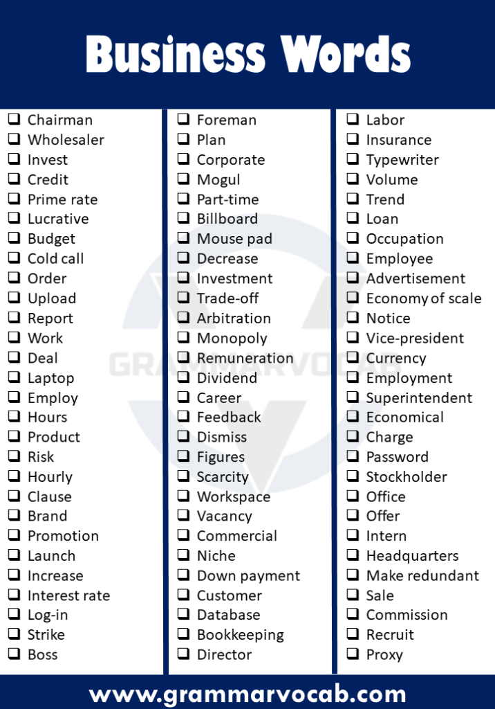 100 List Of Business Vocabulary Words GrammarVocab
