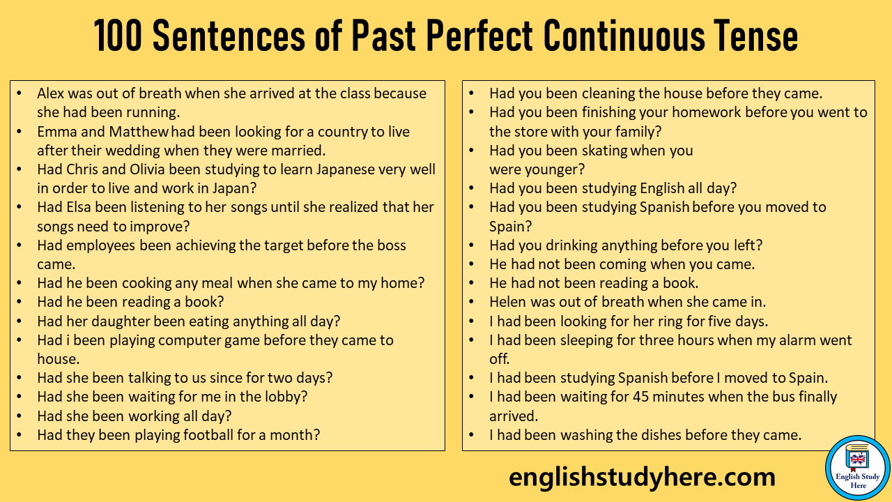 100 Sentences Of Past Perfect Continuous Tense Examples Of Past 