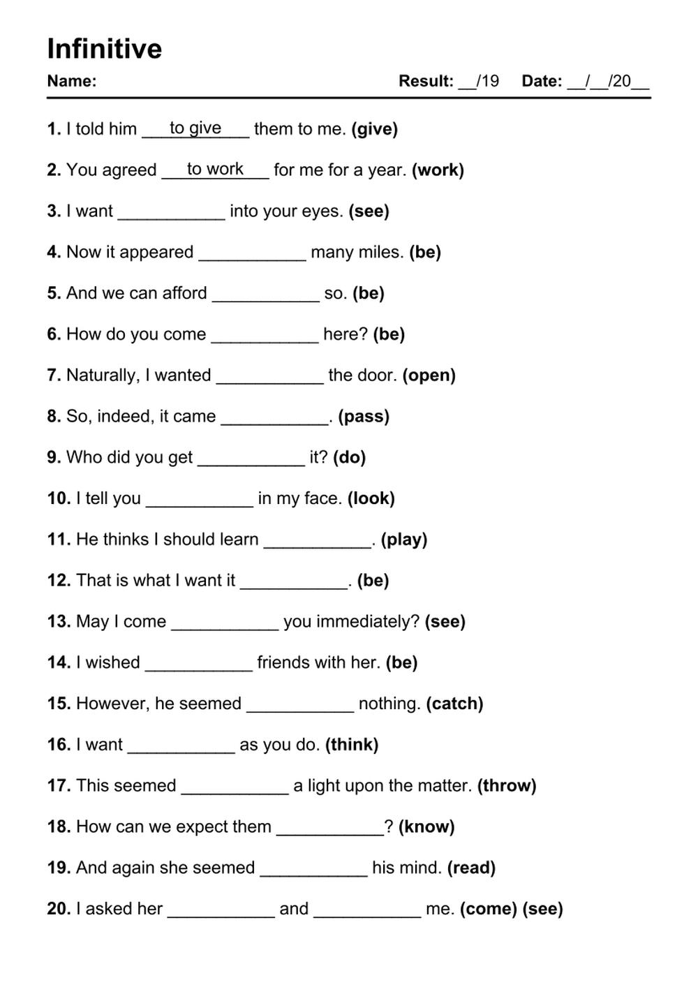 free printable infinitive exercises