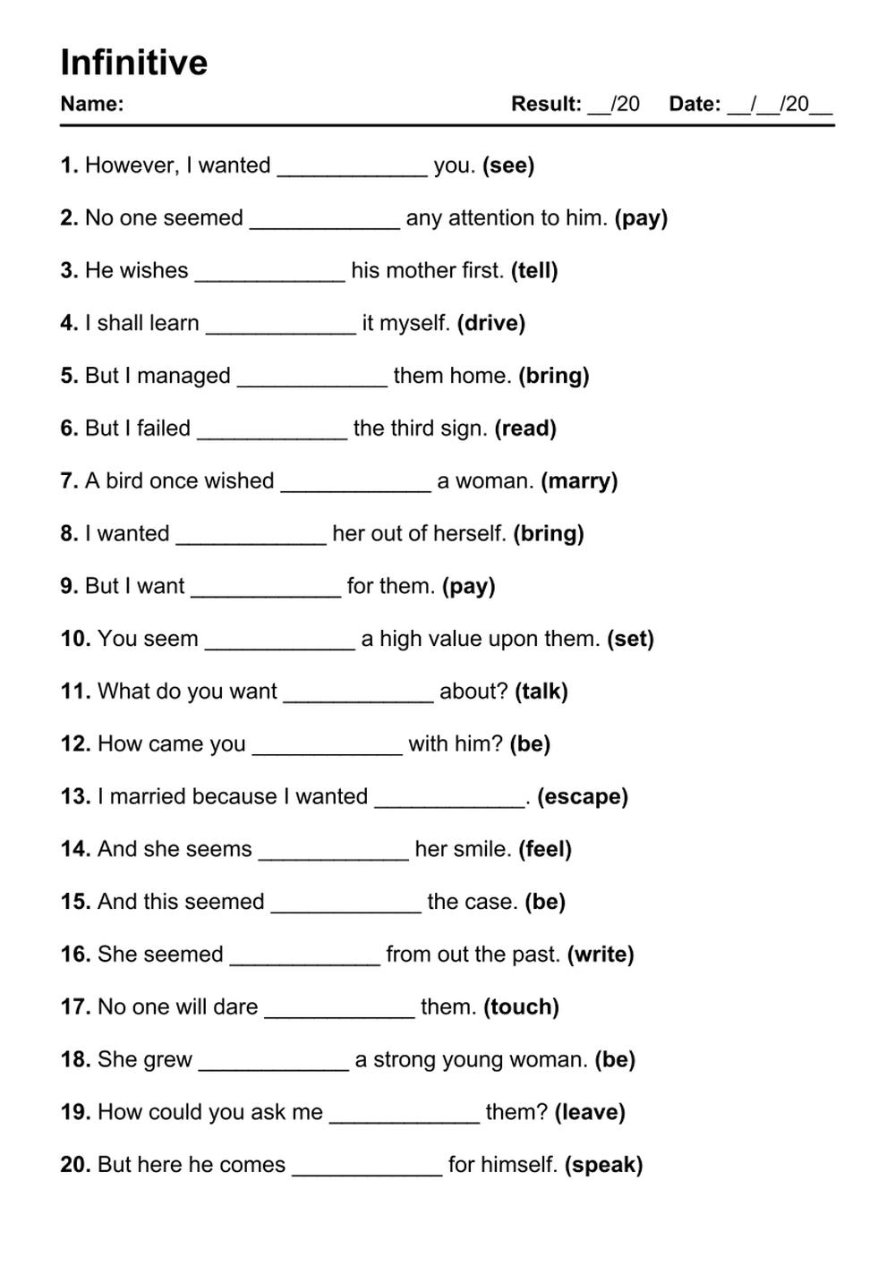 101 Infinitive PDF Worksheets With Answers 2061 Exercises Grammarism