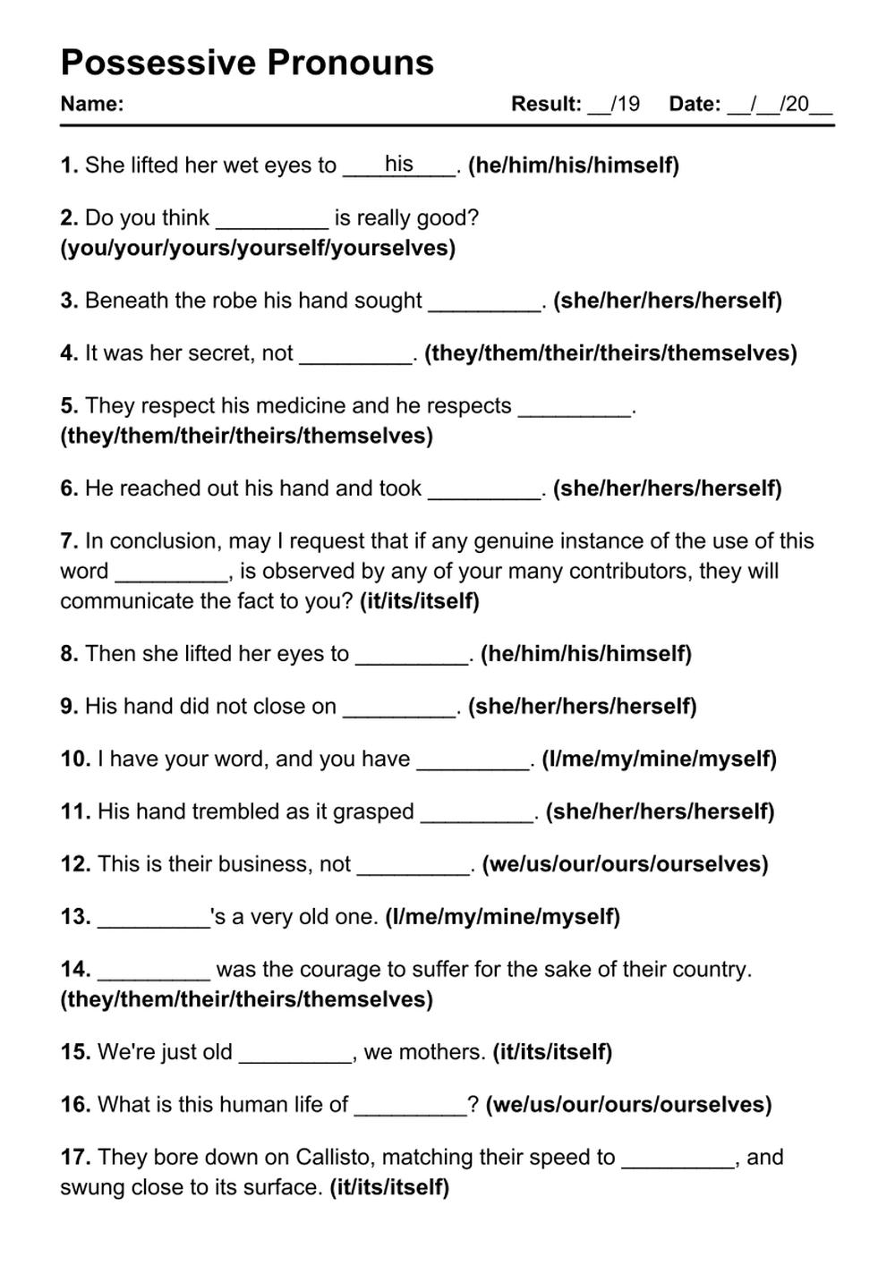 101 Possessive Pronouns PDF Worksheets With Answers Grammarism