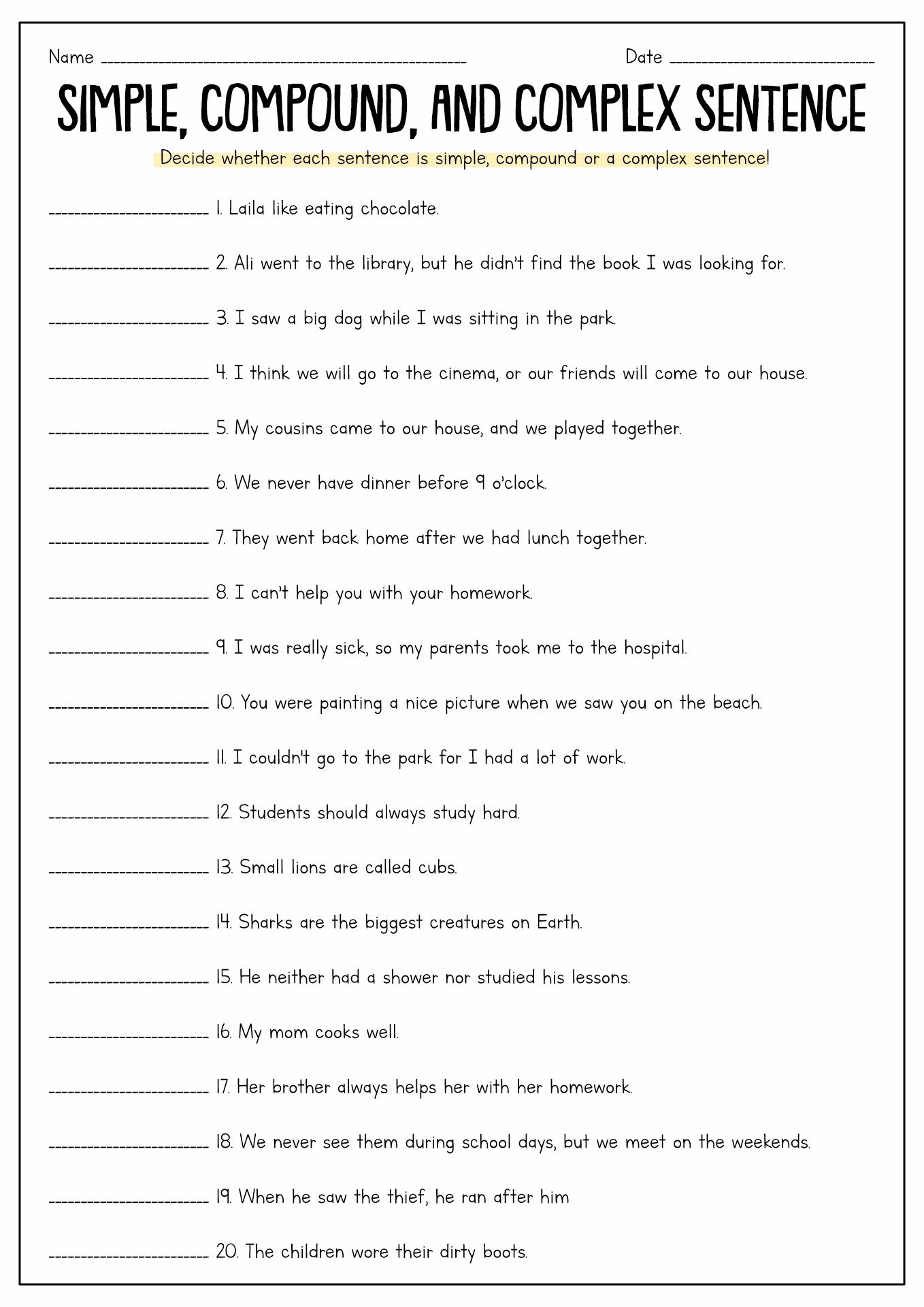compound and complex sentences worksheet grade 5