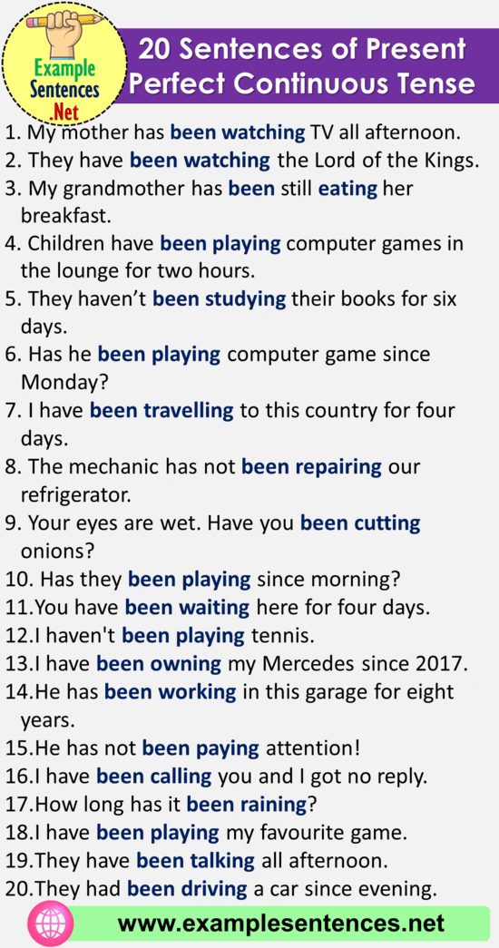 20 Sentences Of Present Perfect Continuous Tense Examples 20 Sentences 