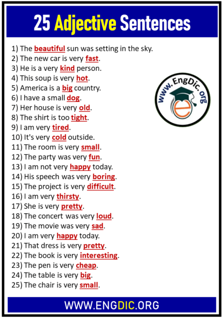 25 Adjectives Sentences Common Adjectives Examples EngDic