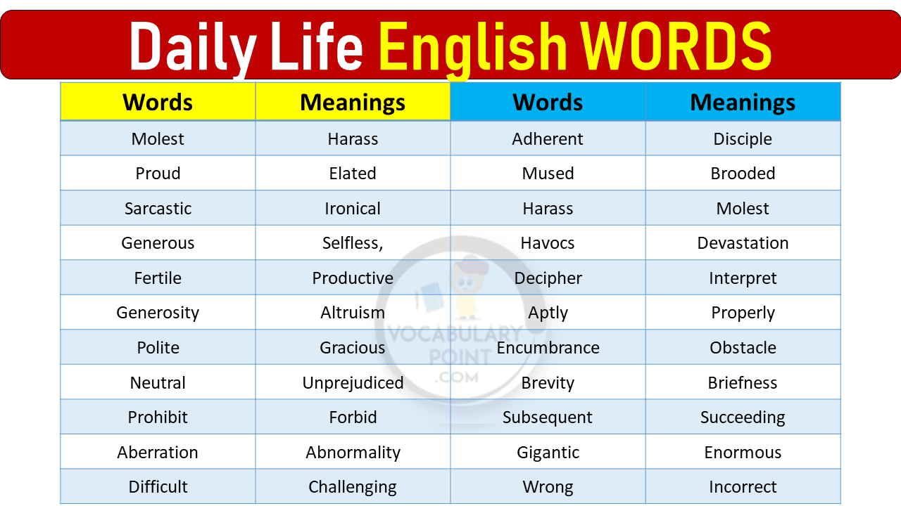 30 Daily Life Use English Words Vocabulary Point