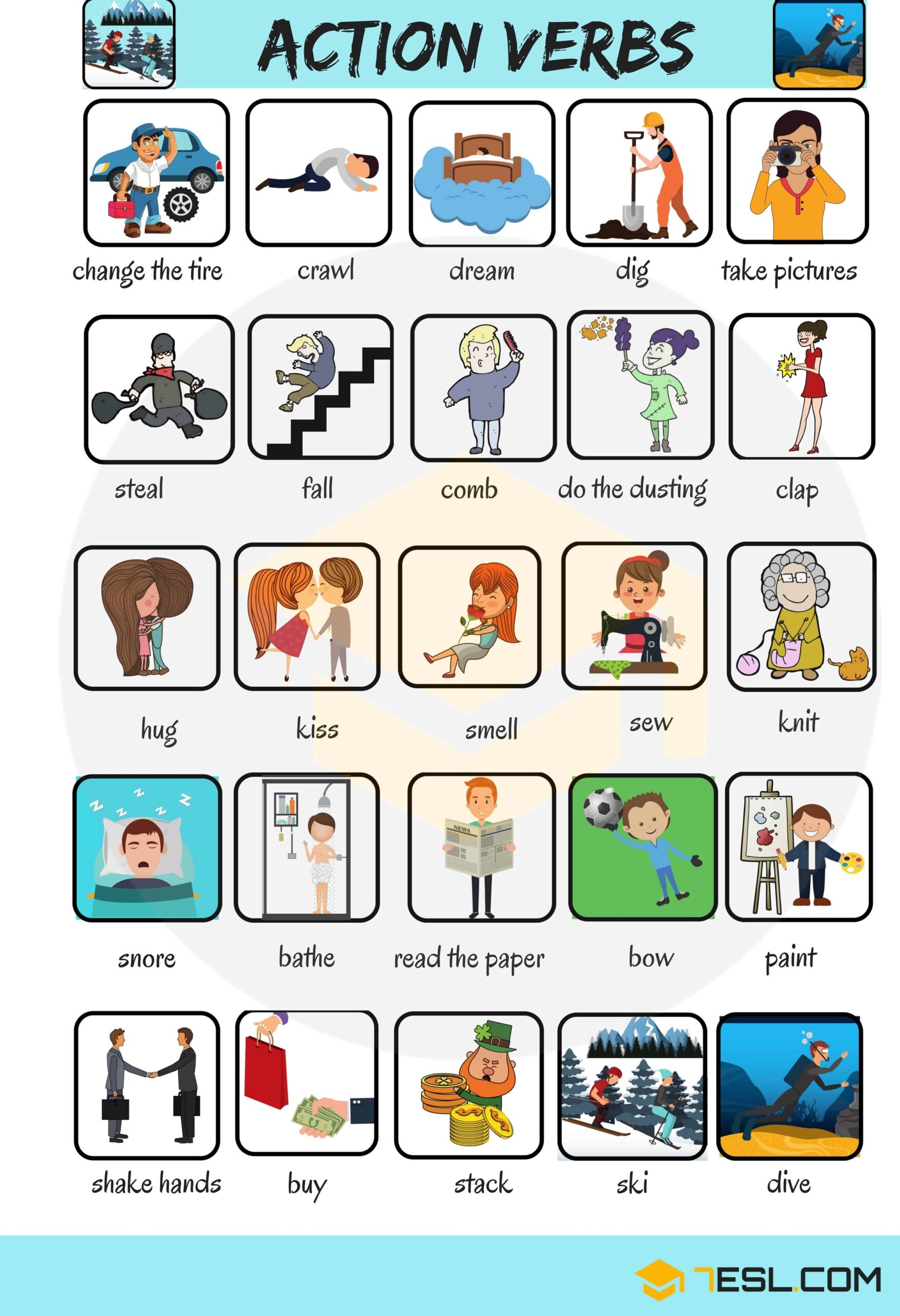 300 Common Verbs With Pictures English Verbs For Kids 7ESL