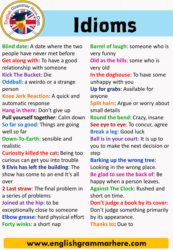  300 English Idioms Definitions And Examples English Grammar Here