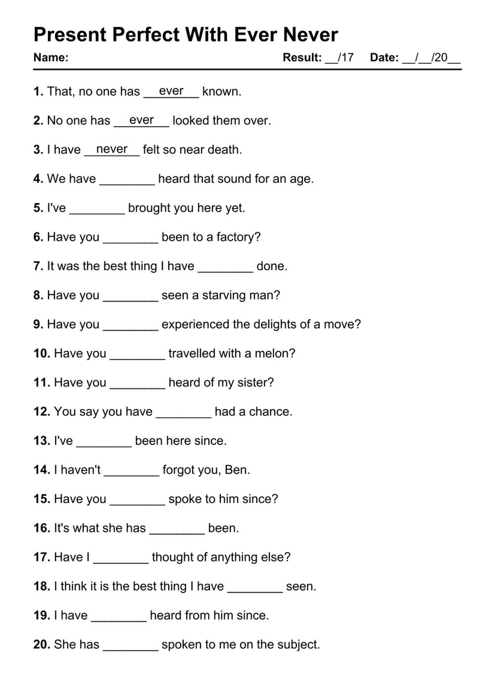 45 Present Perfect With Ever Never PDF Worksheets With Answers Grammarism