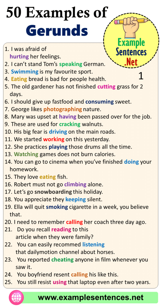 50 Examples Of Gerund Sentences And Phrases Example Sentences