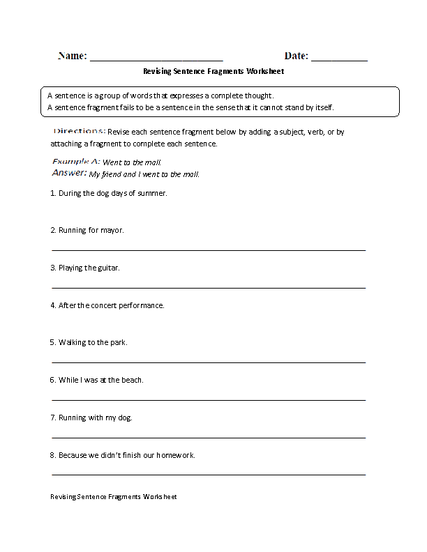 5th grade sentence fragment worksheets