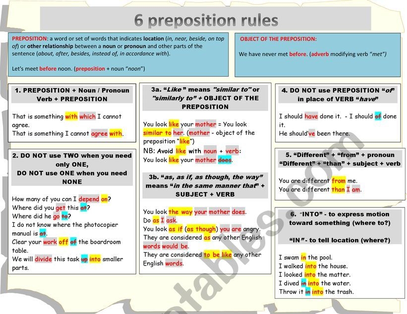 6 Common Preposition Rules ESL Worksheet By KanataKebek