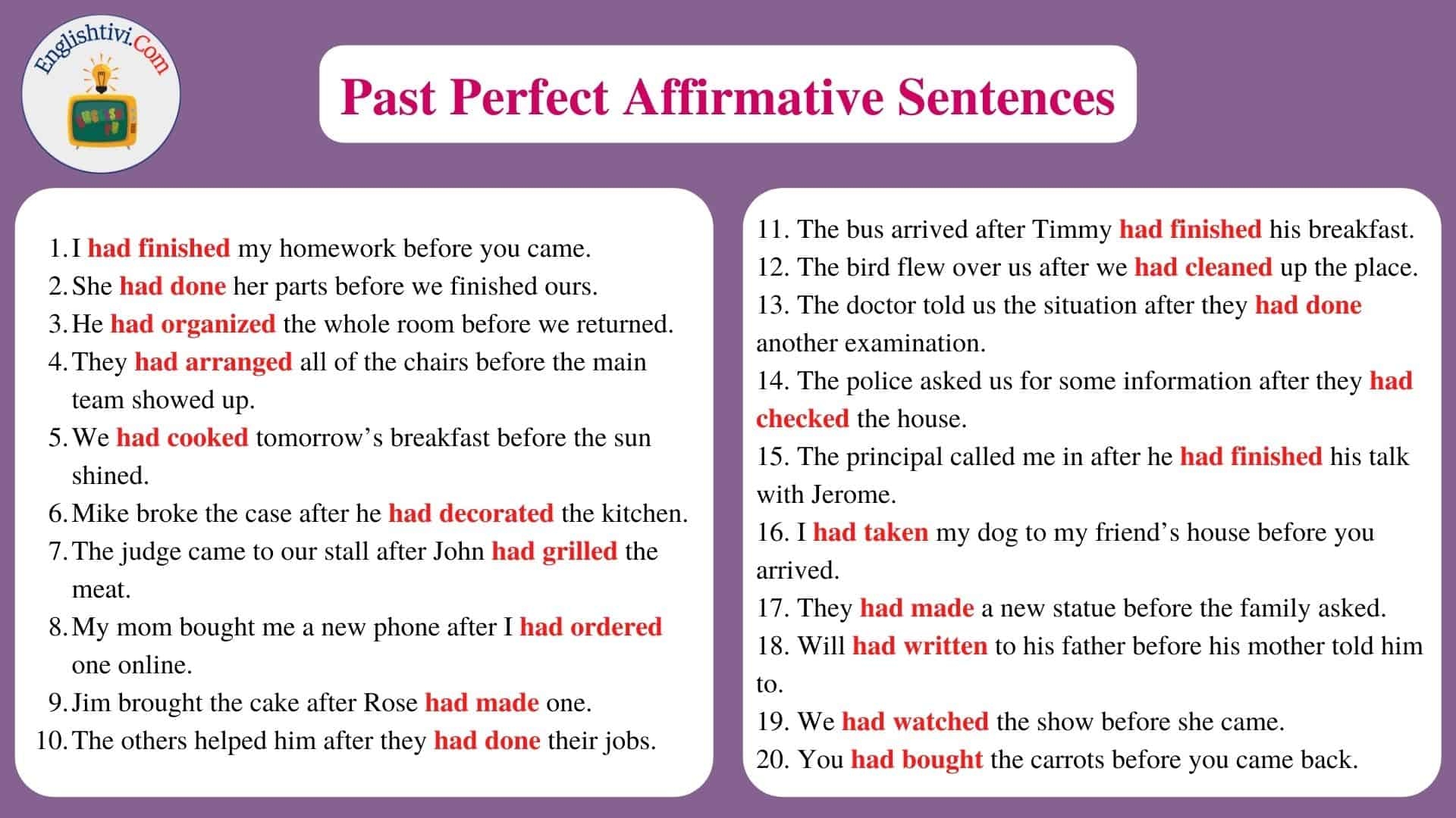 past perfect example sentences