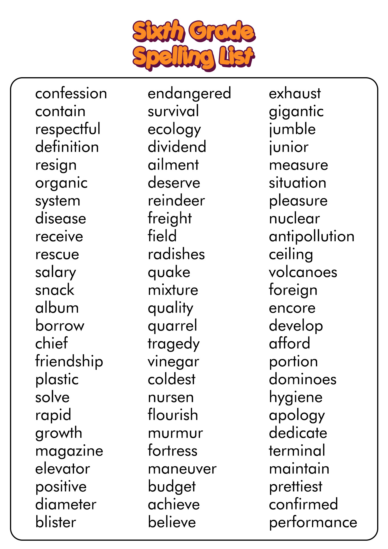 vocabulary for 6th graders