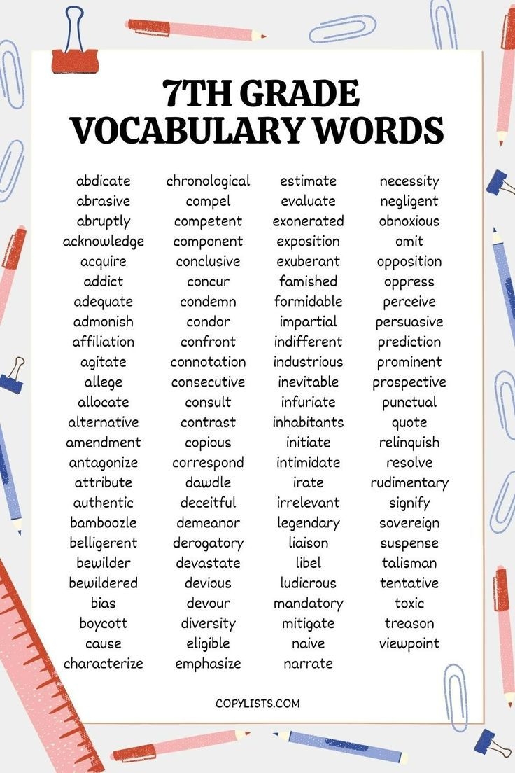 7th Grade Vocabulary Words List Print Or Download Now