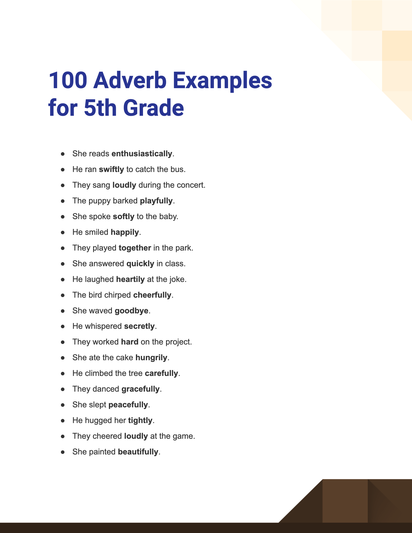 99 Adverb For 5th Grade Examples