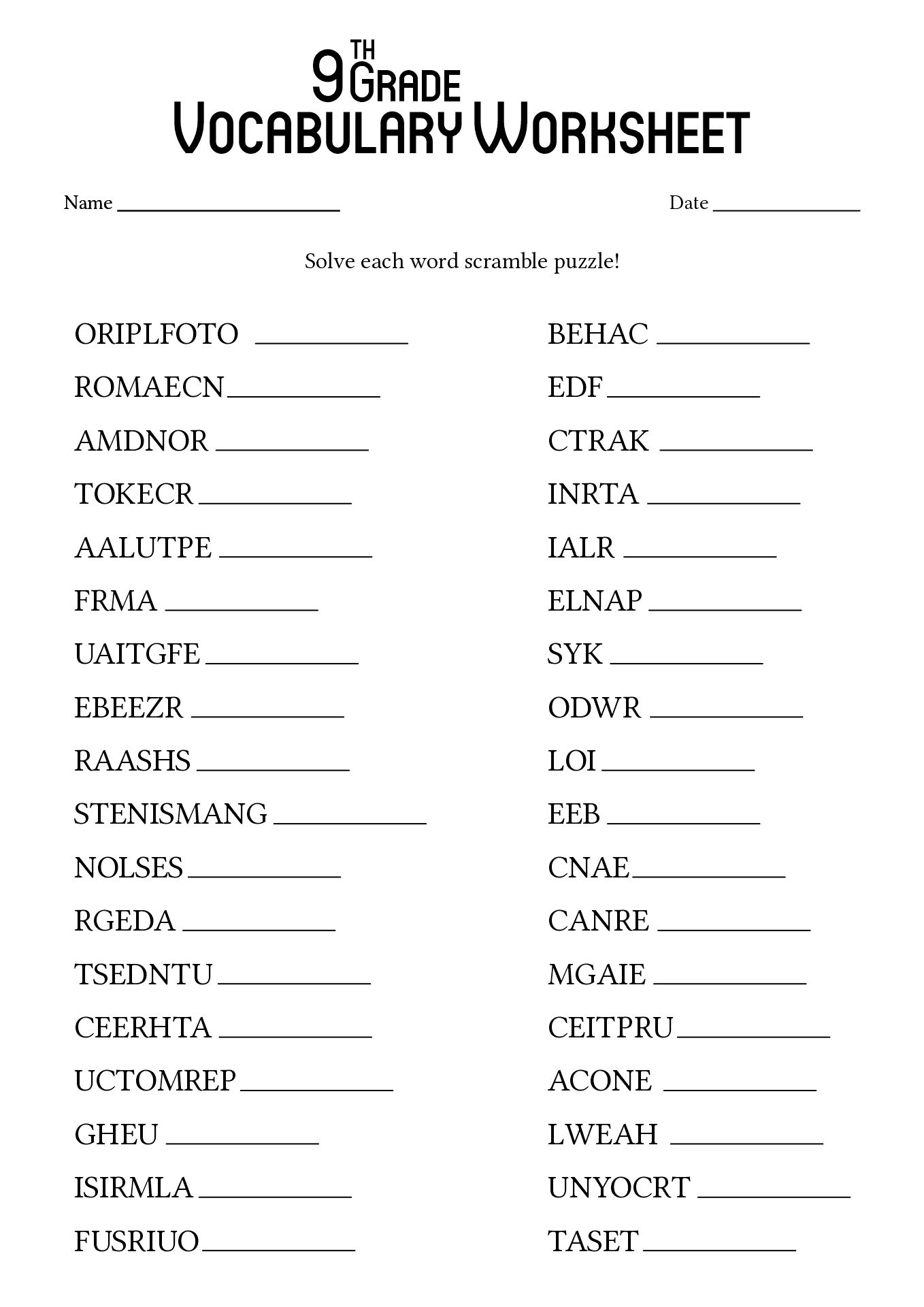 9th Grade Vocabulary Words And Worksheets