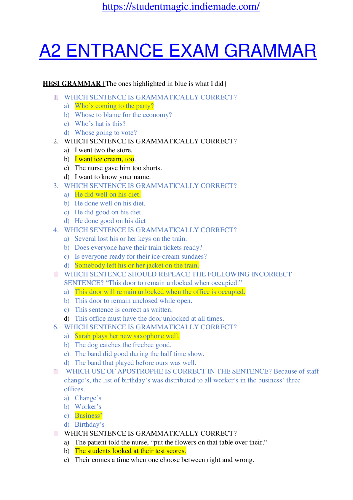 A2 EXAM GRAMMAR ENTRANCE Browsegrades