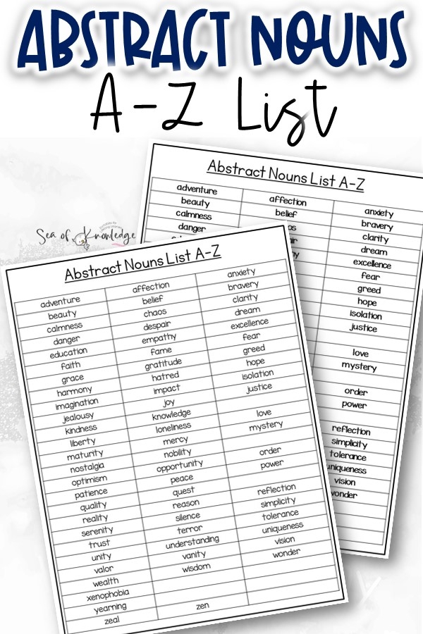 Abstract Nouns List A Z PDF Print Out