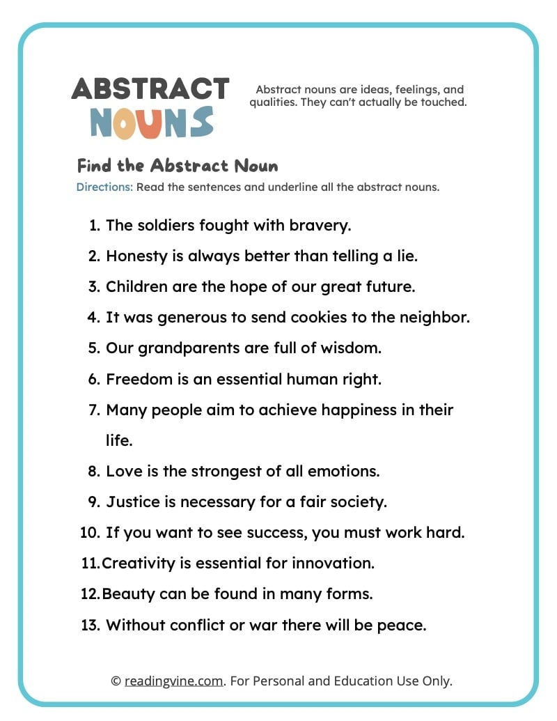 Abstract Nouns Worksheet For Grade 7 Noun Worksheets