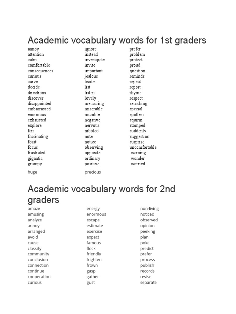 Academic Vocabulary Words For 1st Graders PDF Worksheets Library