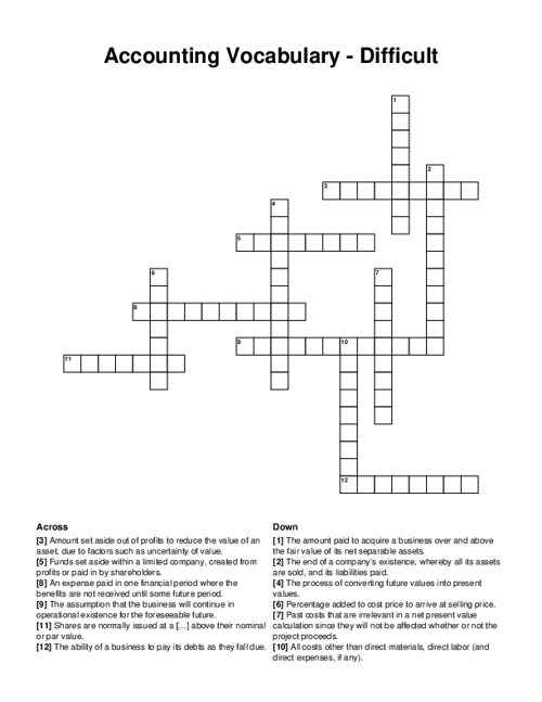 Accounting Vocabulary Difficult Crossword Puzzle