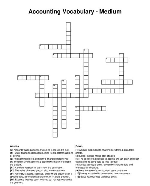 Accounting Vocabulary Medium Crossword Puzzle