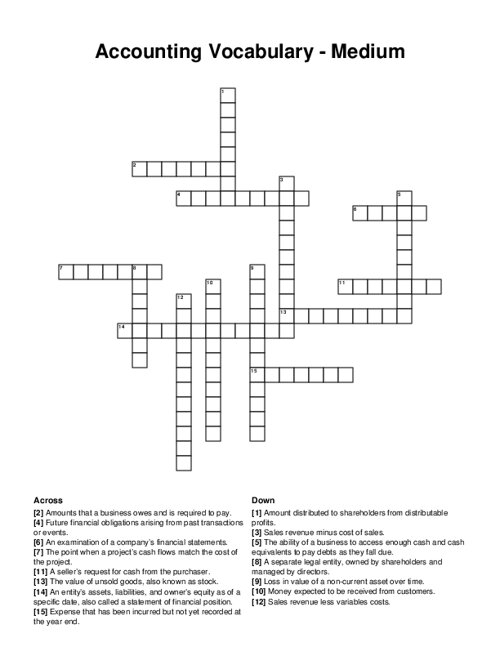 Accounting Vocabulary Medium Crossword Puzzle