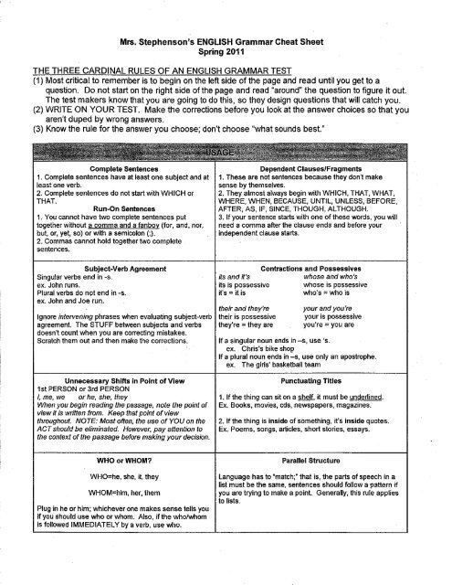 ACT English Grammar quot Cheat quot Sheet