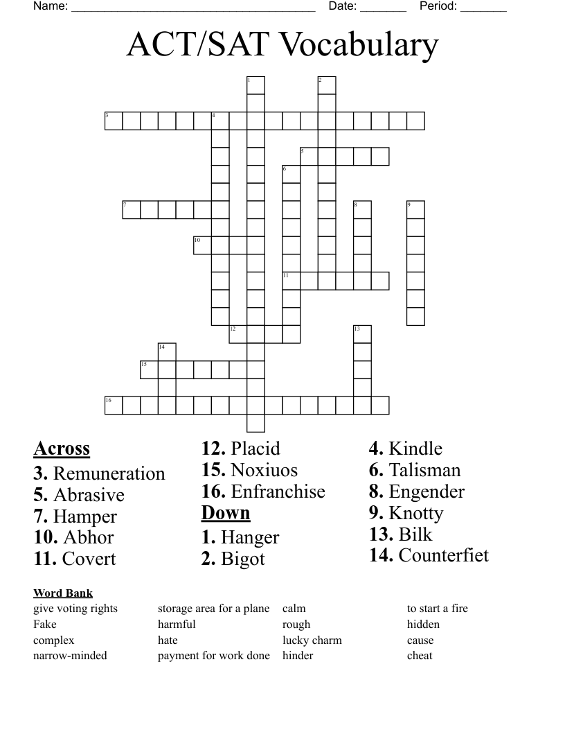 ACT SAT Vocabulary Crossword WordMint Worksheets Library
