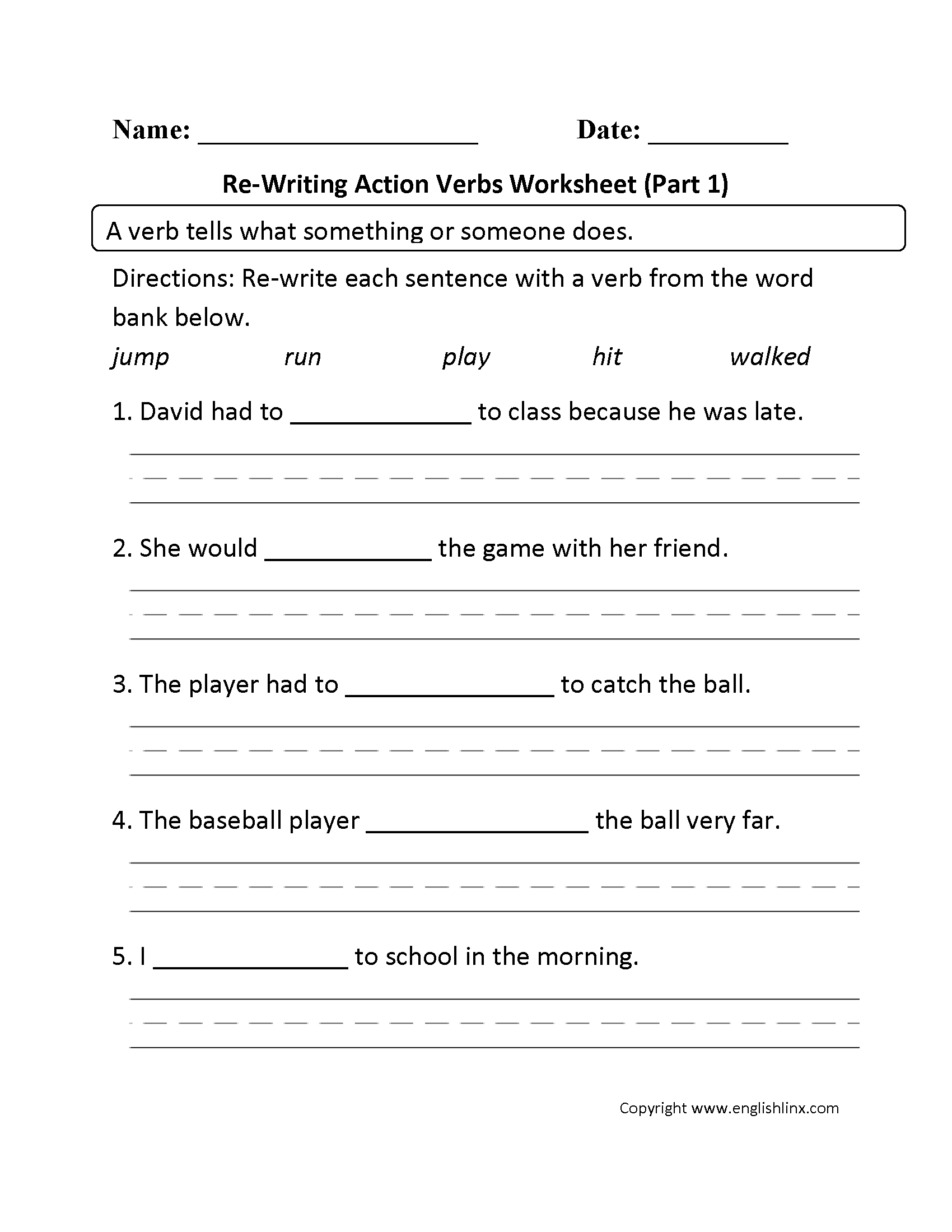Action Verbs Worksheets Re Writing Action Verbs Worksheet Part 1