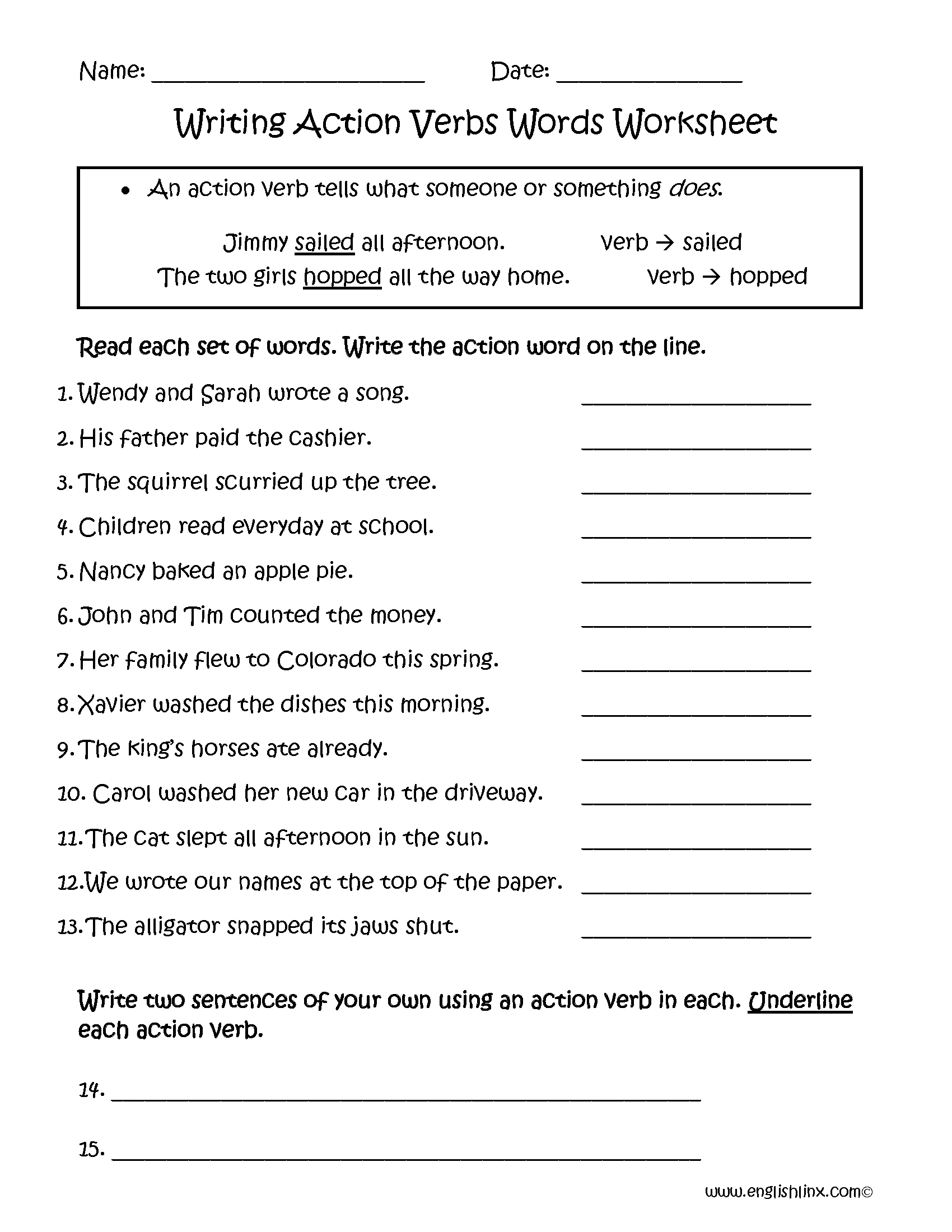 Action Verbs Worksheets Writing Action Verbs Words Worksheets