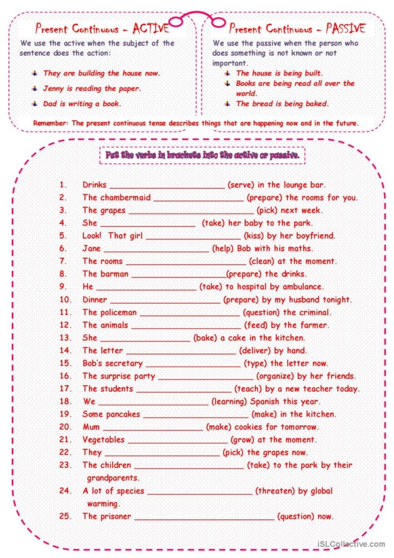 ACTIVE OR PASSIVE Present Continuous English ESL Worksheets Pdf Doc