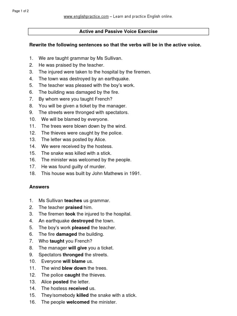 Active Passive Voice Exercise 2 Skoolon Worksheets Library
