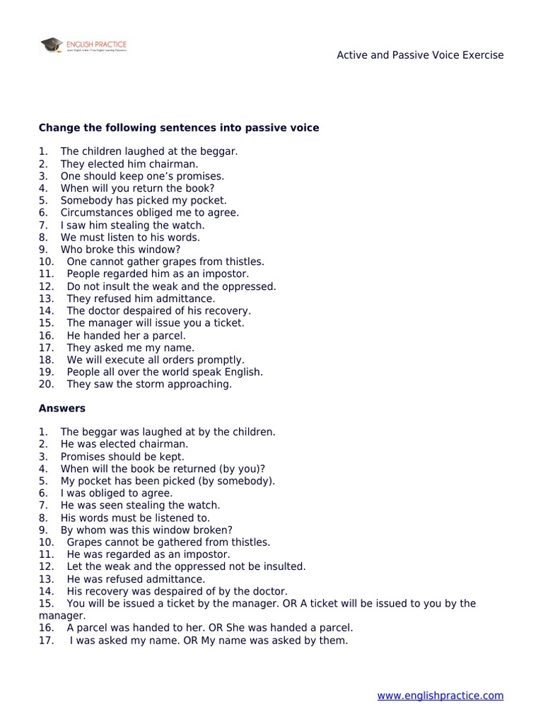 Active Passive Voice Exercises Inc Answer Key Worksheets Library