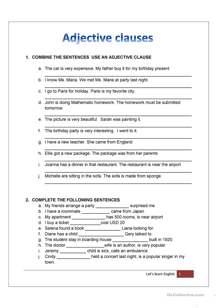Adjective Clause 9 Examples Format PDF