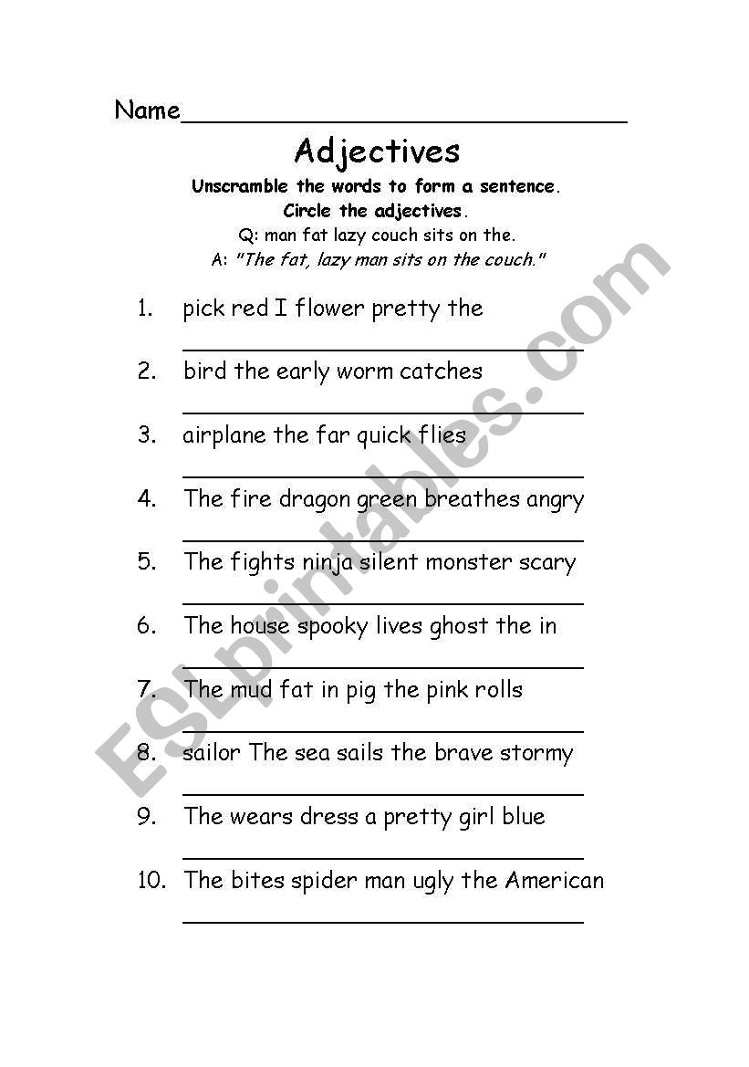 Adjective Sentence Scramble ESL Worksheet By Jevous