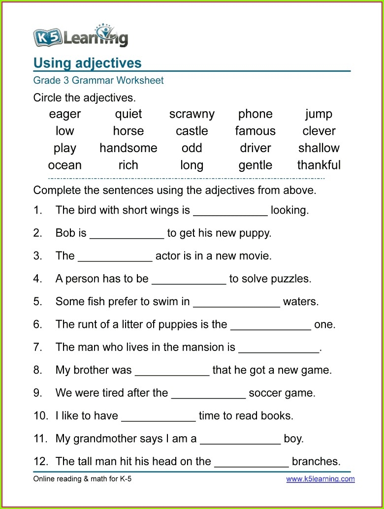 Adjective Worksheet 3rd Grade Free Adjectiveworksheets