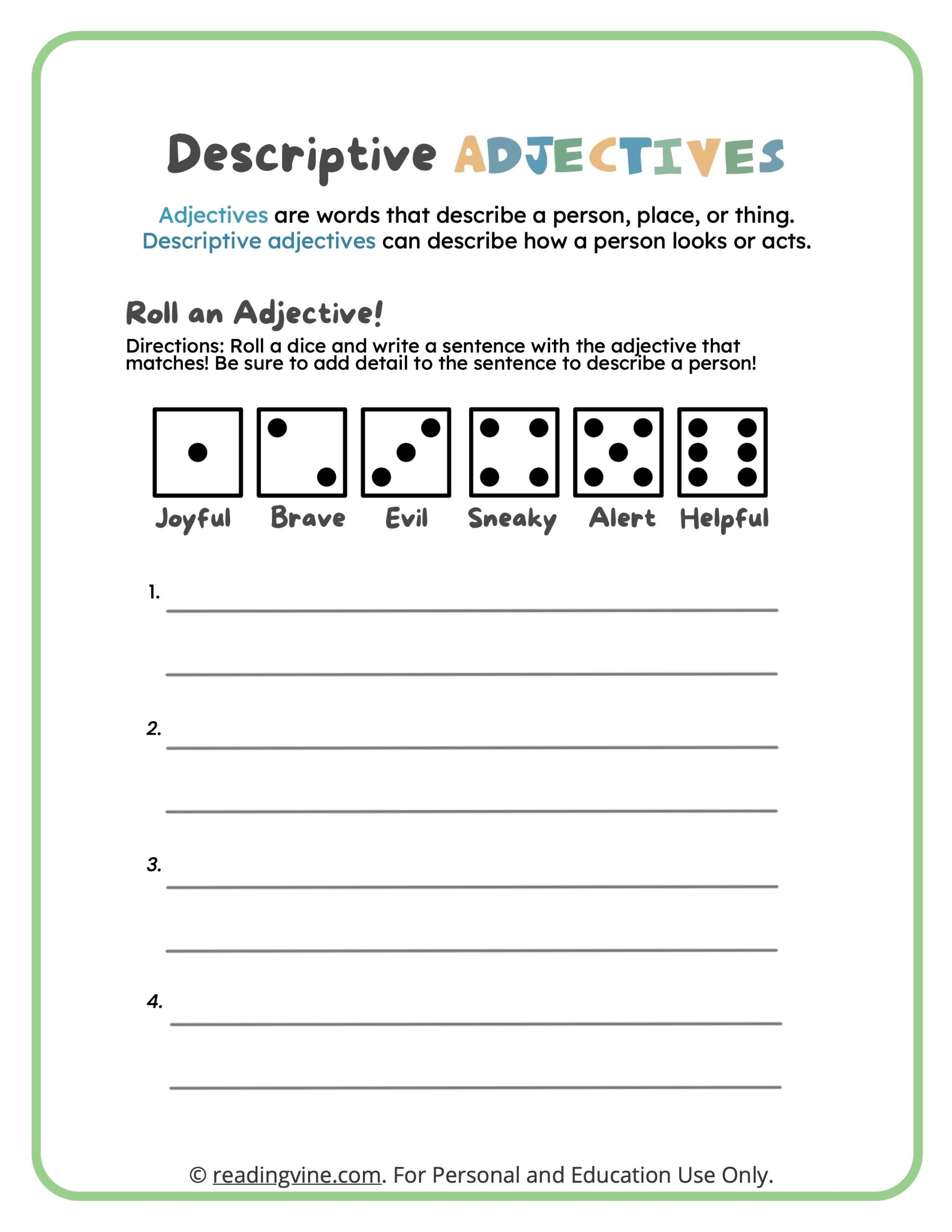 Adjective Worksheets ReadingVine