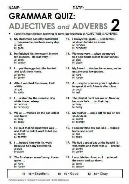 Adjectives Adverb Worksheets Middle School