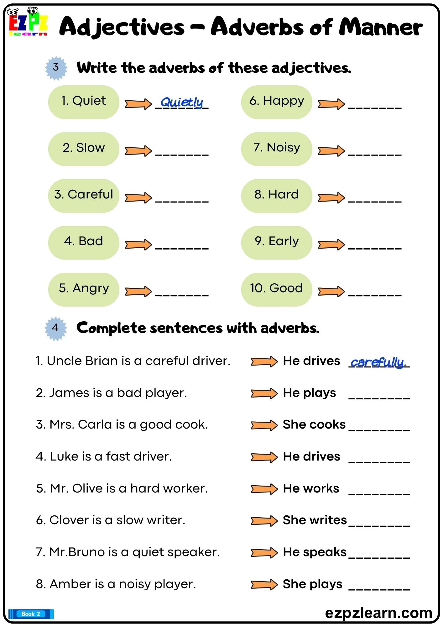 Adjectives And Adverbs Of Manner Write The Correct Adverb For Each 