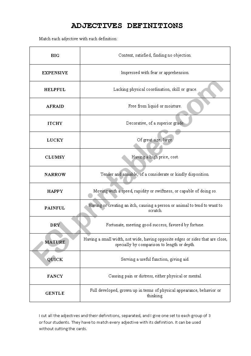 ADJECTIVES DEFINITIONS ESL Worksheet By Ruthml