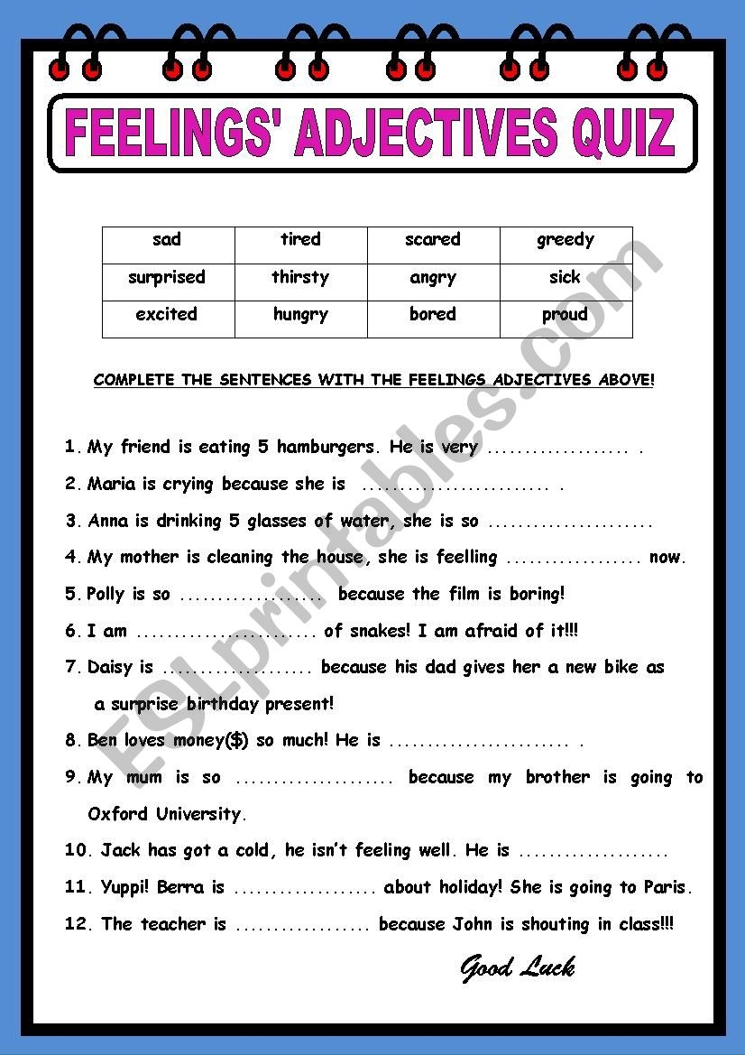 Adjectives Describing Feelings Adjectives Feelings Worksheets Images