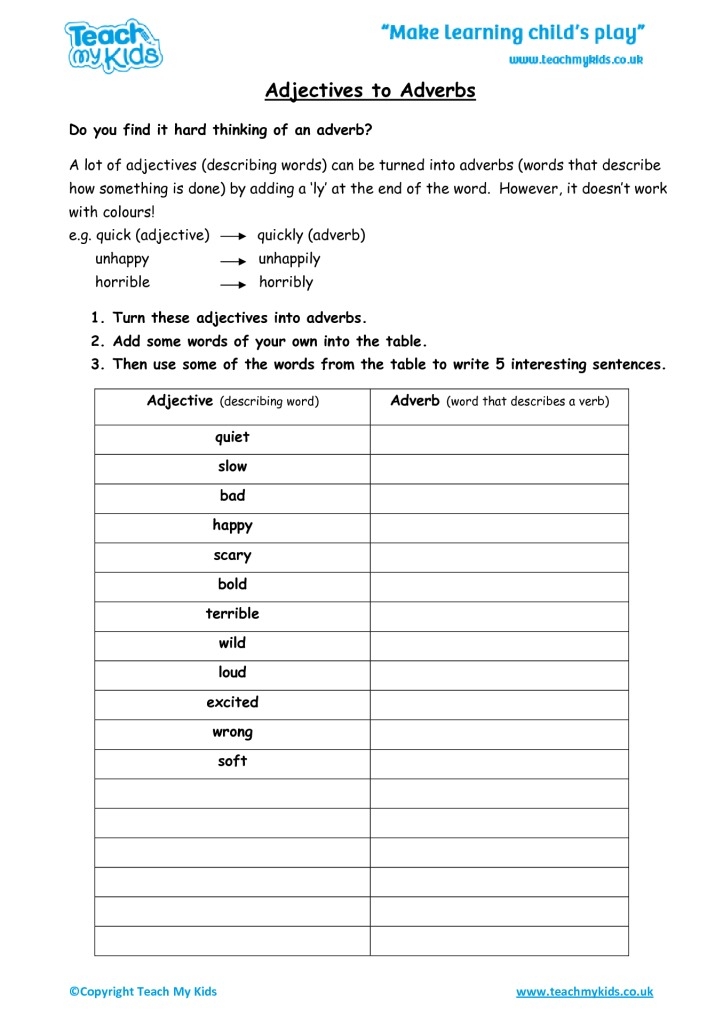 Adjectives To Adverbs Worksheets Library