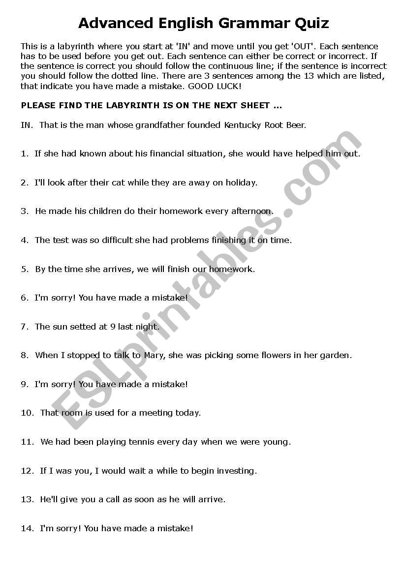 Advanced English Grammar Labyrinth ESL Worksheet By Amw007