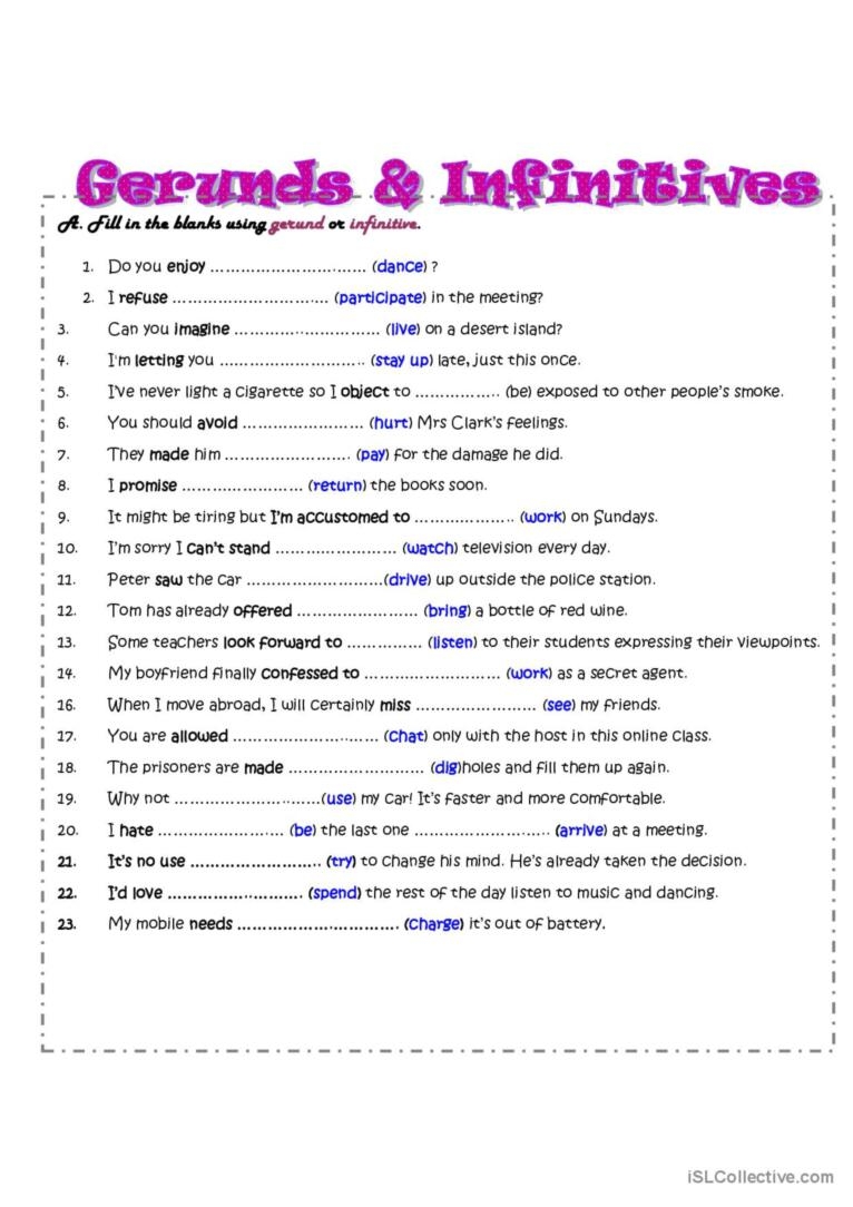 infinitives worksheet PDF with answers
