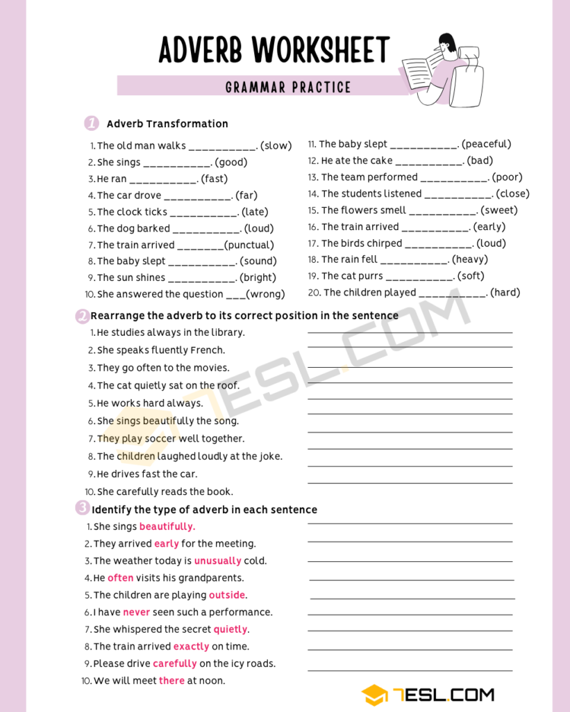 Adverbs Worksheet Adverbs Exercises 7ESL
