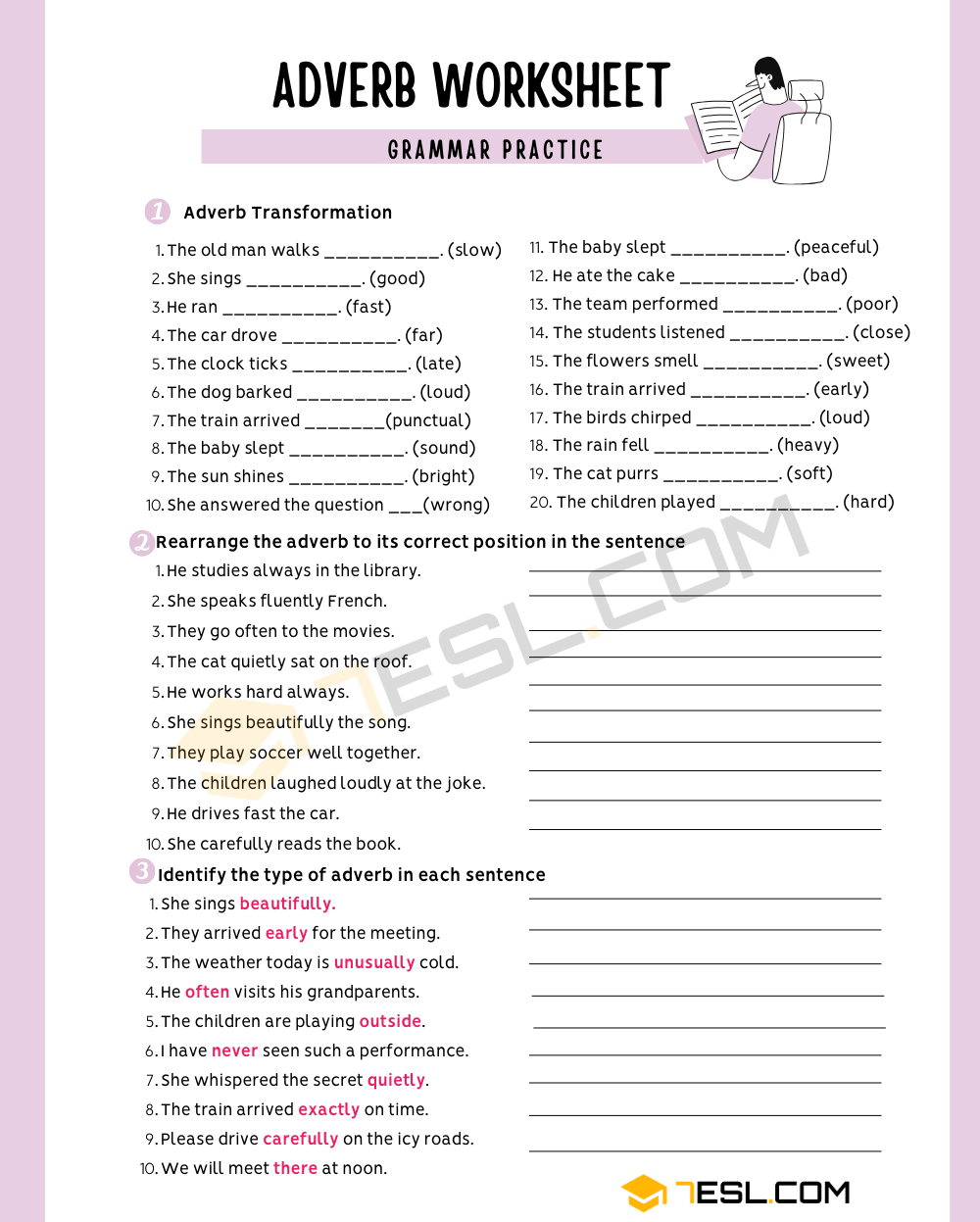 Adverbs Worksheet Adverbs Exercises 7ESL