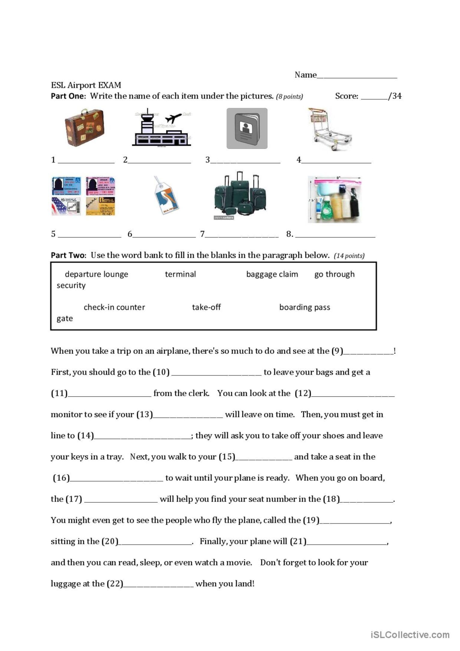 Airport Vocabulary Exam English ESL Worksheets Pdf Doc